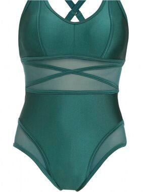 Swimsuits for All x Gabifresh metallic Teal one piece with mesh panels